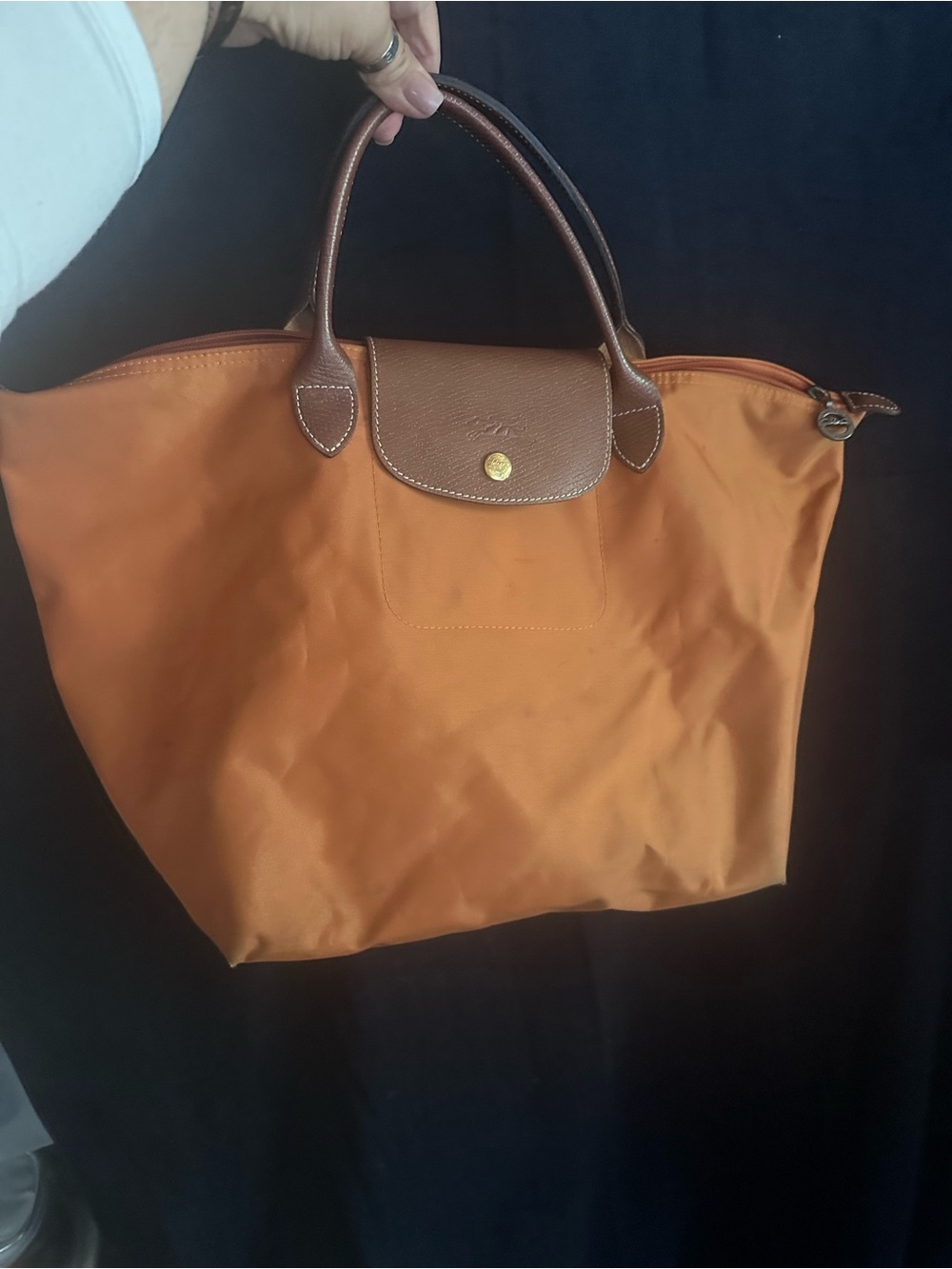 Longchamp Orange Nylon Tote with Brown Leather Trim